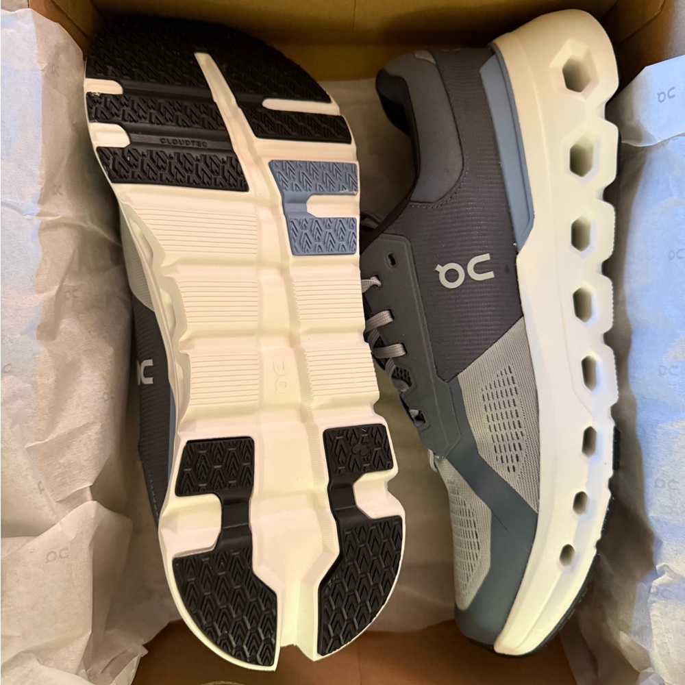 On Running Charcoal and White Athletic Shoes